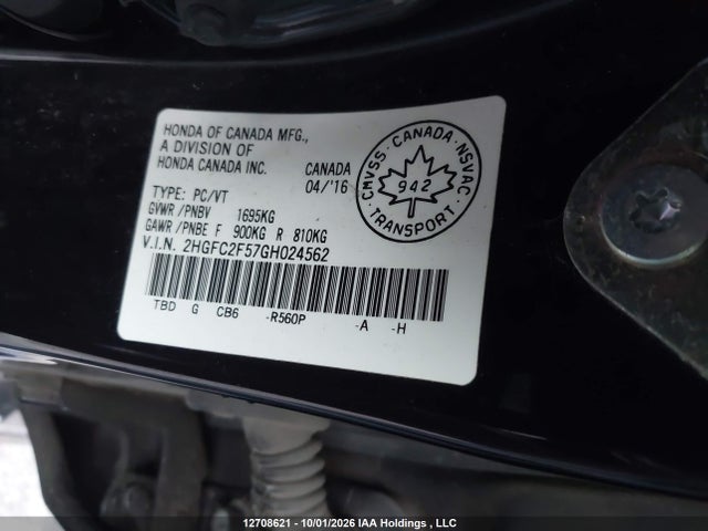 2016 Honda Civic მანქანა იყიდება აუქციონზე, vin: 2HGFC2F57GH024562, აუქციონის ნომერი: 12708621