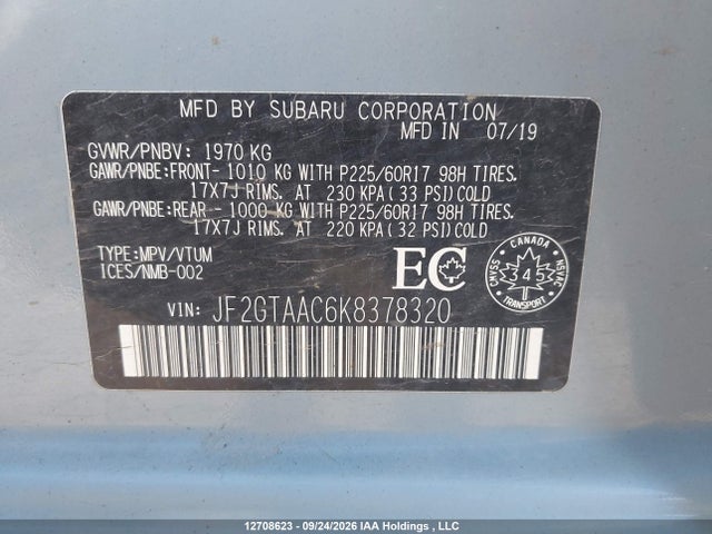 12708623 :رقم المزاد ، JF2GTAAC6K8378320 vin ، 2019 Subaru Crosstrek Convenience مزاد بيع
