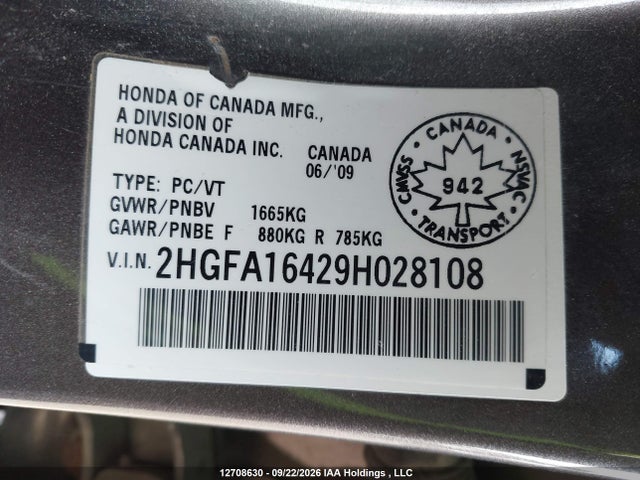 2009 Honda Civic Dx-g მანქანა იყიდება აუქციონზე, vin: 2HGFA16429H028108, აუქციონის ნომერი: 12708630