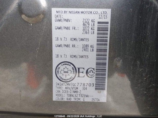 2016 Nissan Rogue S/sl Premium/sv მანქანა იყიდება აუქციონზე, vin: 5N1AT2MV7GC778703, აუქციონის ნომერი: 12708648