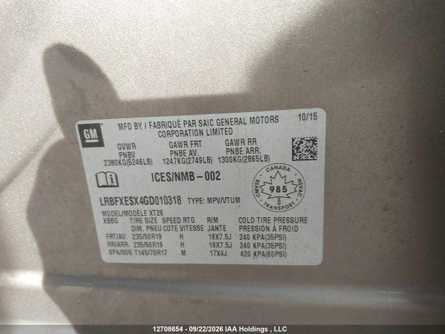 Продажа на аукционе авто 2016 Buick Envision Premium I, vin: LRBFXESX4GD010318, номер лота: 12708654
