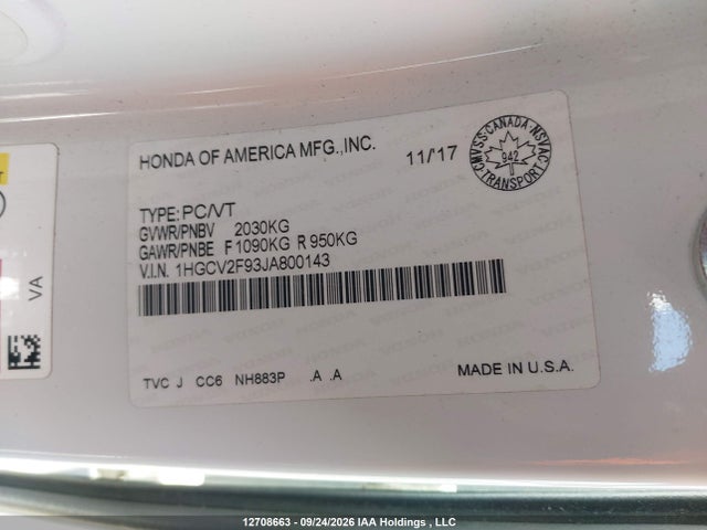 1HGCV2F93JA800143 Honda Accord Touring 2.0t