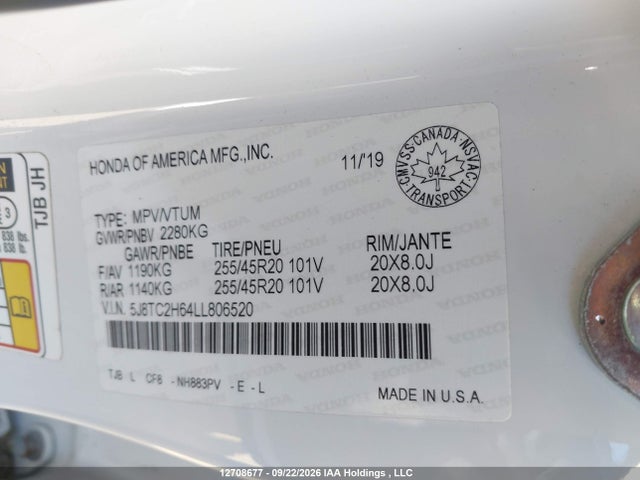 12708677 :رقم المزاد ، 5J8TC2H64LL806520 vin ، 2020 Acura Rdx مزاد بيع