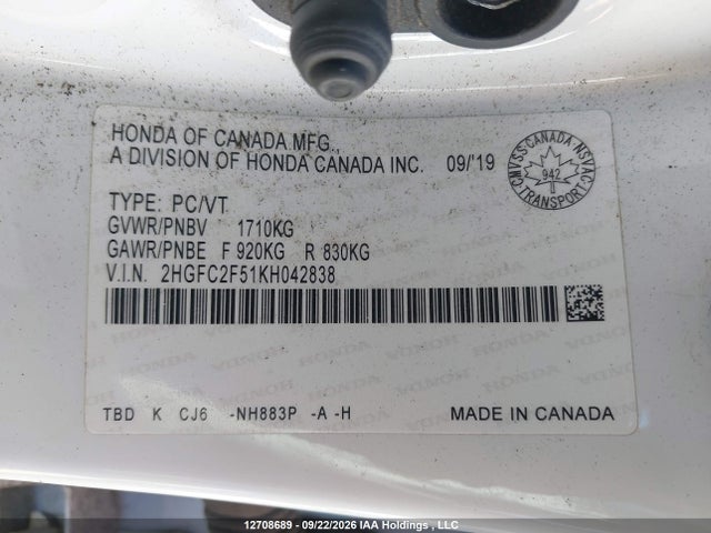 Honda Civic Lx 2019 2HGFC2F51KH042838 Image 9