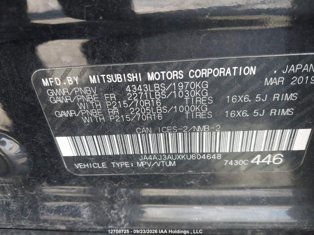 Продаж на аукціоні авто 2019 Mitsubishi Rvr Se/se Black Edition/se Limited Edition, vin: JA4AJ3AUXKU604648, номер лоту: 12708725