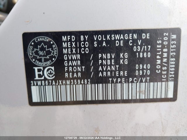 12708729 :رقم المزاد ، 3VWB67AJXHM359482 vin ، 2017 Volkswagen Jetta Wolfsburg Edition مزاد بيع
