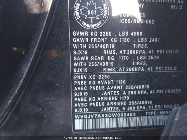 Продаж на аукціоні авто 2013 Volkswagen Tiguan, vin: WVGJV7AX3DW002463, номер лоту: 12708730