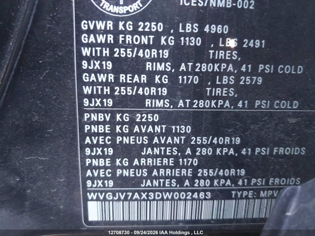 Продаж на аукціоні авто 2013 Volkswagen Tiguan, vin: WVGJV7AX3DW002463, номер лоту: 12708730