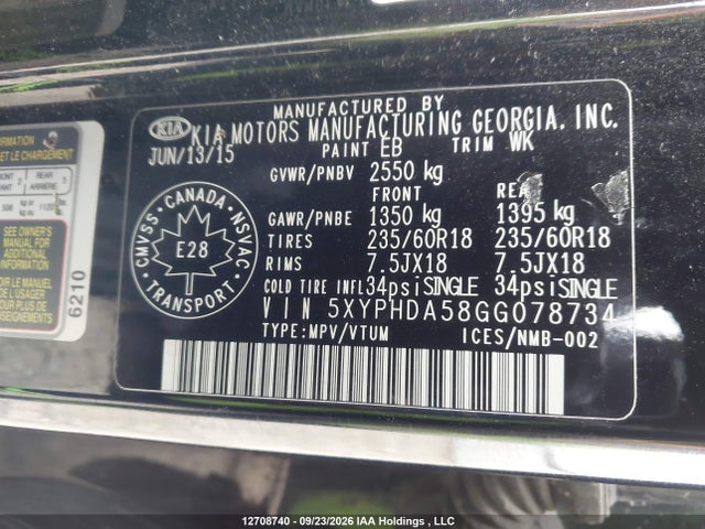 12708740 :رقم المزاد ، 5XYPHDA58GG078734 vin ، 2016 Kia Sorento Ex مزاد بيع