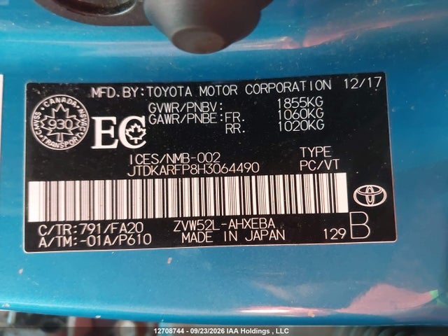 12708744 :رقم المزاد ، JTDKARFP8H3064490 vin ، 2017 Toyota Prius Prime مزاد بيع