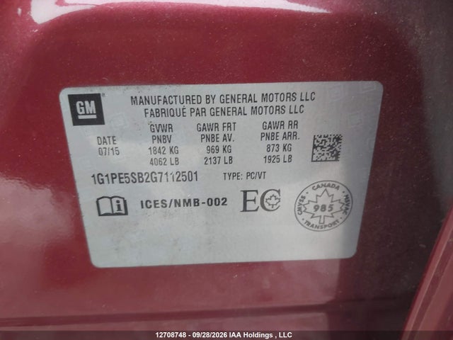 Aukcja sprzedaży 2016 Chevrolet Cruze Limited 1lt, vin: 1G1PE5SB2G7112501, numer aukcji: 12708748