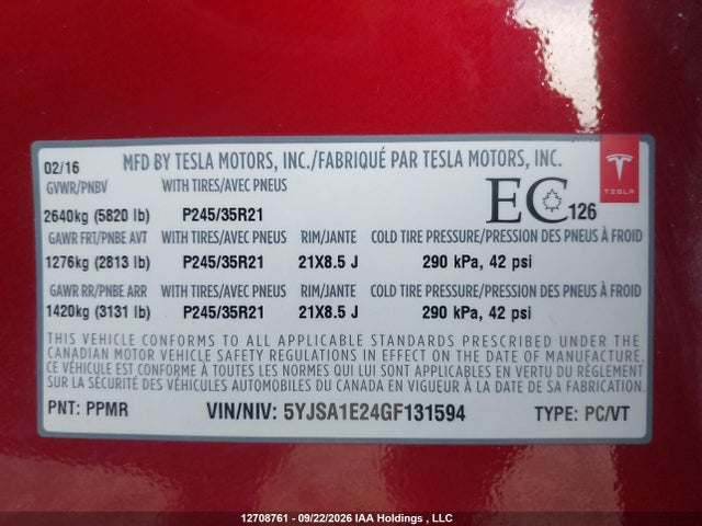 Продажа на аукционе авто 2016 Tesla Model S 60d/70d/75d/85d/90d, vin: 5YJSA1E24GF131594, номер лота: 12708761
