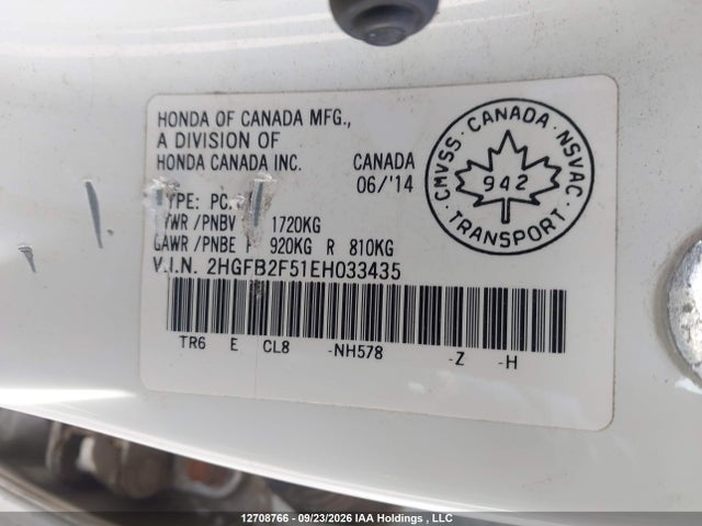 12708766 :رقم المزاد ، 2HGFB2F51EH033435 vin ، 2014 Honda Civic Lx مزاد بيع