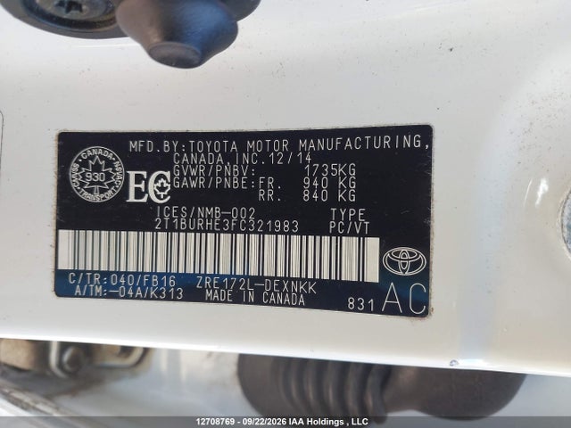 Продаж на аукціоні авто 2015 Toyota Corolla Le, vin: 2T1BURHE3FC321983, номер лоту: 12708769