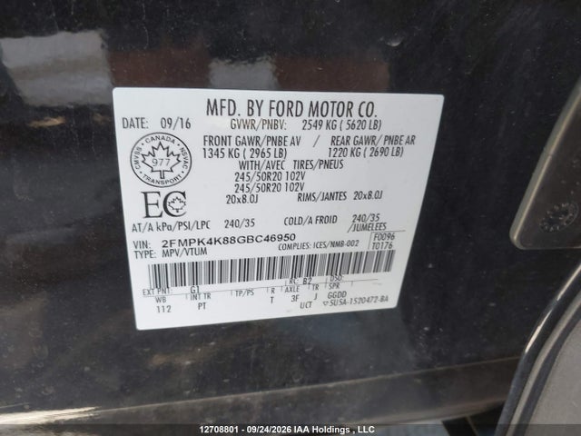 12708801 :رقم المزاد ، 2FMPK4K88GBC46950 vin ، 2016 Ford Edge مزاد بيع