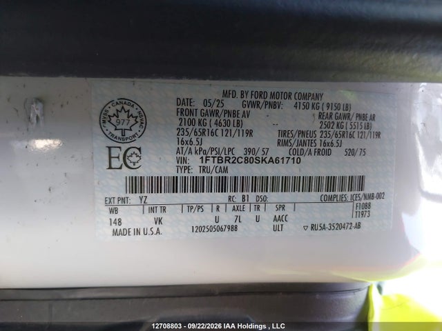 Aukcja sprzedaży 2025 Ford Transit T-250, vin: 1FTBR2C80SKA61710, numer aukcji: 12708803