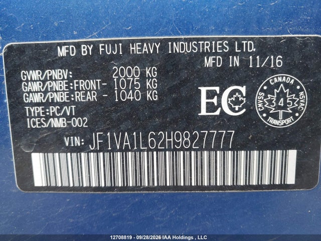 JF1VA1L62H9827777 Subaru Wrx Limited