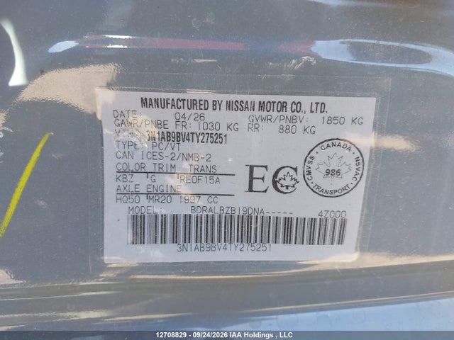 2026 Nissan Sentra S მანქანა იყიდება აუქციონზე, vin: 3N1AB9BV4TY275251, აუქციონის ნომერი: 12708829