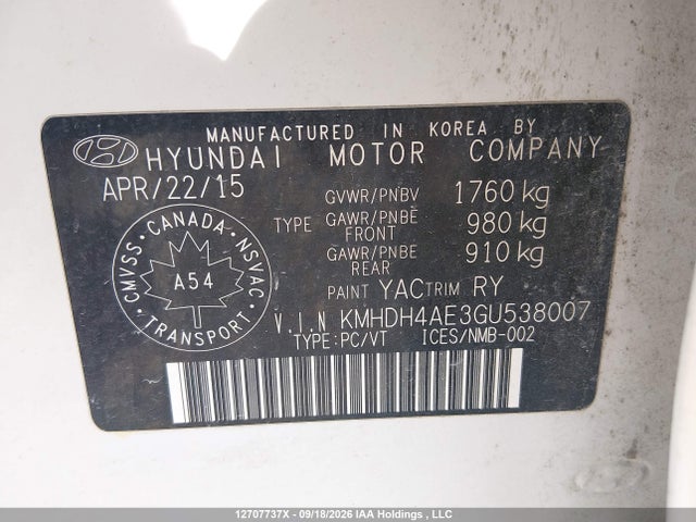 2016 Hyundai Elantra Sport Appearance მანქანა იყიდება აუქციონზე, vin: KMHDH4AE3GU538007, აუქციონის ნომერი: 12707737