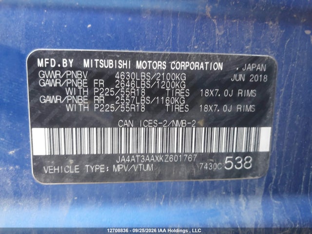 Aukcja sprzedaży 2019 Mitsubishi Eclipse Cross Es, vin: JA4AT3AAXKZ601767, numer aukcji: 12708836