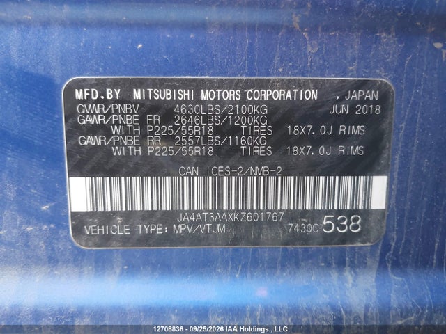 Aukcja sprzedaży 2019 Mitsubishi Eclipse Cross Es, vin: JA4AT3AAXKZ601767, numer aukcji: 12708836