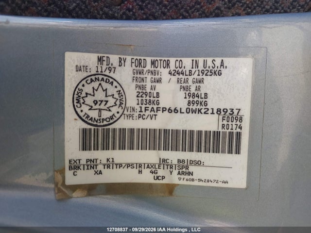 Aukcja sprzedaży 1998 Ford Contour Lx/sport/se, vin: 1FAFP66L0WK218937, numer aukcji: 12708837
