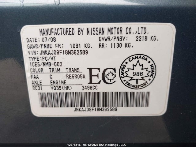 12678416 :رقم المزاد ، JNKAJ09F18M362589 vin ، 2008 Infiniti Ex35 مزاد بيع