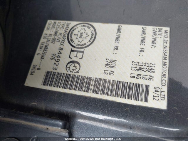 12686950 :رقم المزاد ، 1N4AA5APXCC844923 vin ، 2012 Nissan Maxima 3.5 Sv مزاد بيع