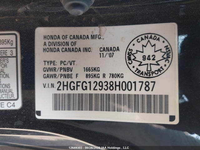2008 Honda Civic Ex-l მანქანა იყიდება აუქციონზე, vin: 2HGFG12938H001787, აუქციონის ნომერი: 12689303