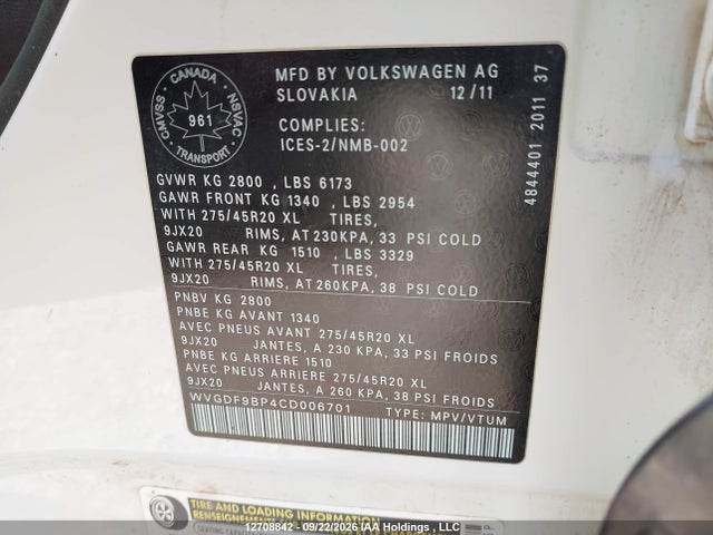 Продажа на аукционе авто 2012 Volkswagen Touareg V6, vin: WVGDF9BP4CD006701, номер лота: 12708842