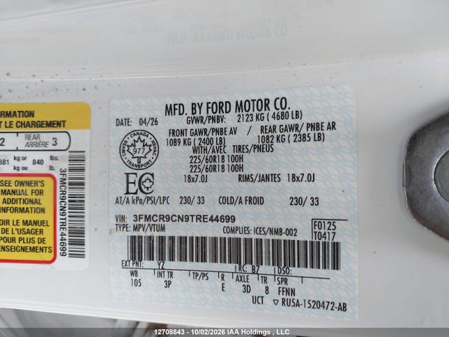 12708843 :رقم المزاد ، 3FMCR9CN9TRE44699 vin ، 2026 Ford Bronco Sport Outer Banks مزاد بيع