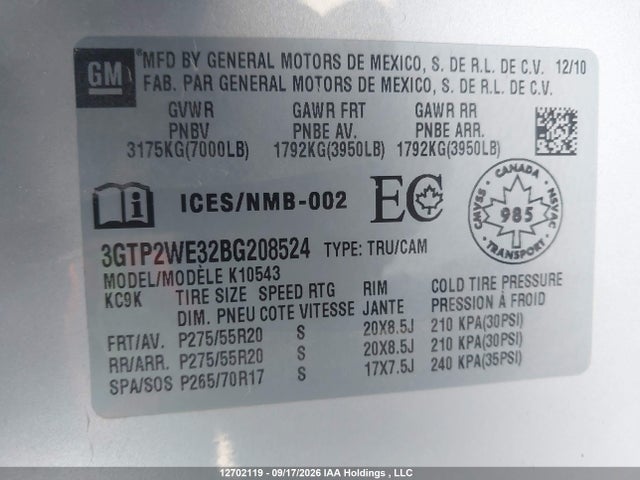 Продажа на аукционе авто 2011 Gmc Sierra 1500 Slt, vin: 3GTP2WE32BG208524, номер лота: 12702119