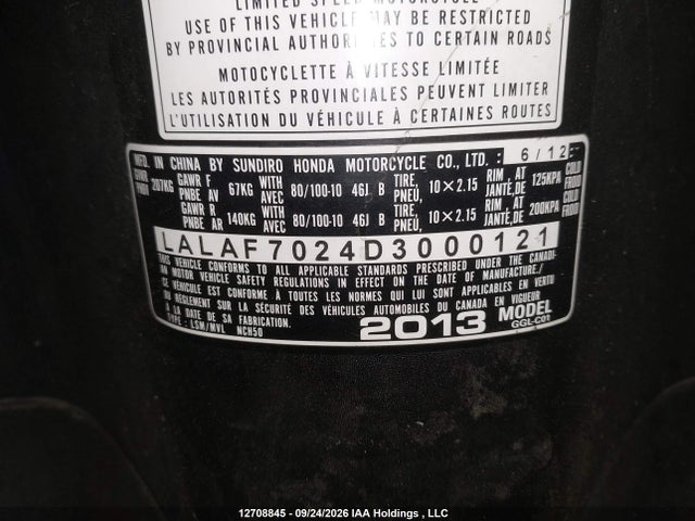 12708845 :رقم المزاد ، LALAF7024D3000121 vin ، 2013 Honda Nch50 مزاد بيع