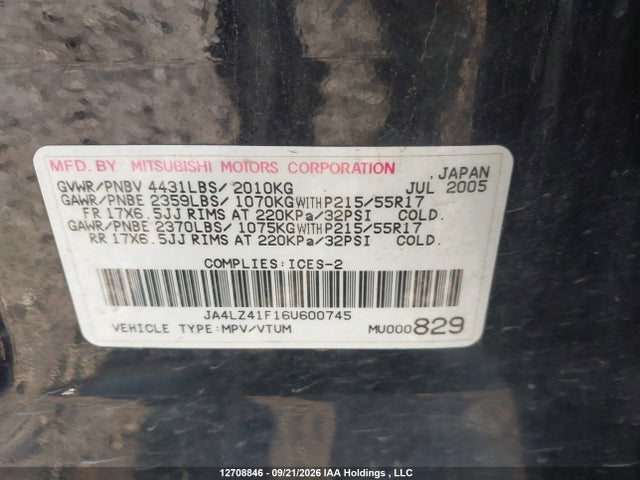 2006 Mitsubishi Outlander Se მანქანა იყიდება აუქციონზე, vin: JA4LZ41F16U600745, აუქციონის ნომერი: 12708846