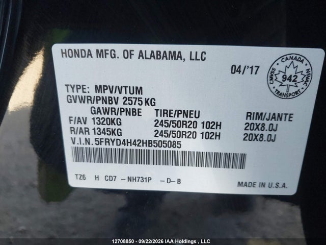 Продажа на аукционе авто 2017 Acura Mdx Navi, vin: 5FRYD4H42HB505085, номер лота: 12708850