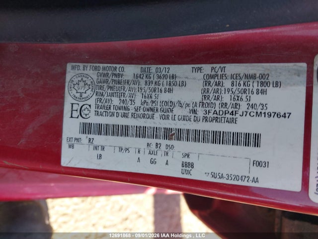 Продажа на аукционе авто 2012 Ford Fiesta Ses, vin: 3FADP4FJ7CM197647, номер лота: 12691868