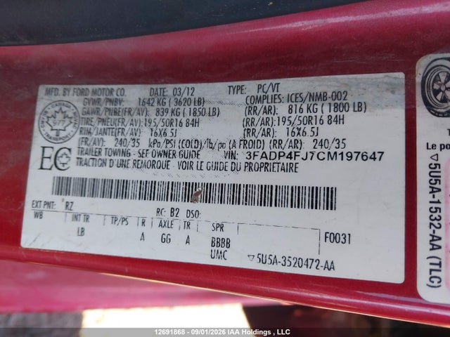 Продажа на аукционе авто 2012 Ford Fiesta Ses, vin: 3FADP4FJ7CM197647, номер лота: 12691868