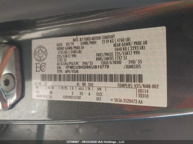 Ford ESCAPE SEL 2019 1FMCU9HD9KUB15779 Image 9