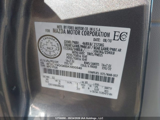 Продажа на аукционе авто 2011 Mazda Tribute S, vin: 4F2CY9GG8BKM00540, номер лота: 12708890