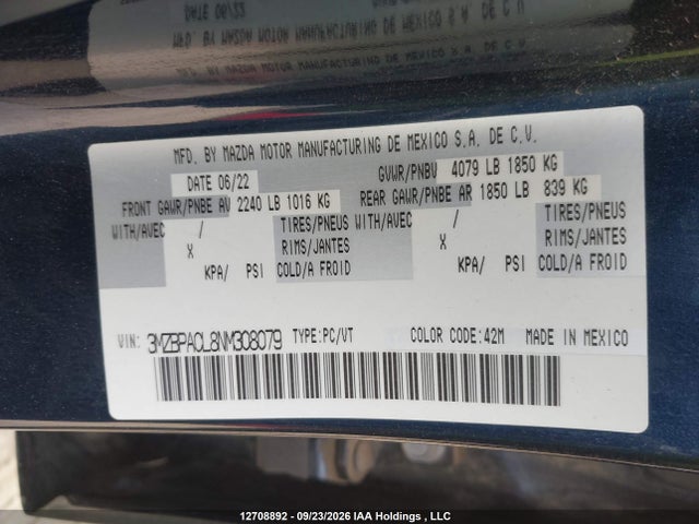 Aukcja sprzedaży 2022 Mazda Mazda3 Gs, vin: 3MZBPACL8NM308079, numer aukcji: 12708892