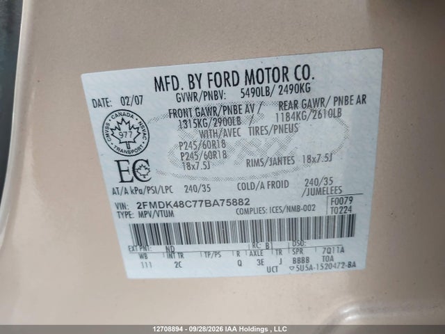 2007 Ford Edge Sel მანქანა იყიდება აუქციონზე, vin: 2FMDK48C77BA75882, აუქციონის ნომერი: 12708894