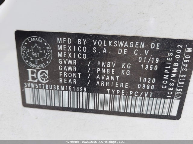 2019 Volkswagen Jetta Gli 35th Edition მანქანა იყიდება აუქციონზე, vin: 3VW5T7BU3KM151899, აუქციონის ნომერი: 12708905