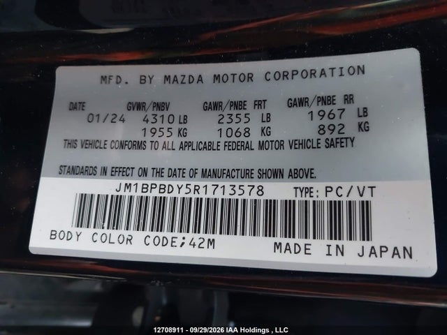 Aukcja sprzedaży 2024 Mazda 3, vin: JM1BPBDY5R1713578, numer aukcji: 12708911