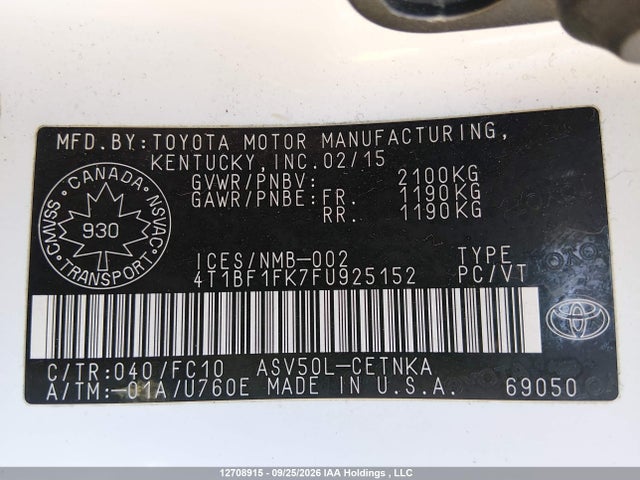 2015 Toyota Camry Le მანქანა იყიდება აუქციონზე, vin: 4T1BF1FK7FU925152, აუქციონის ნომერი: 12708915