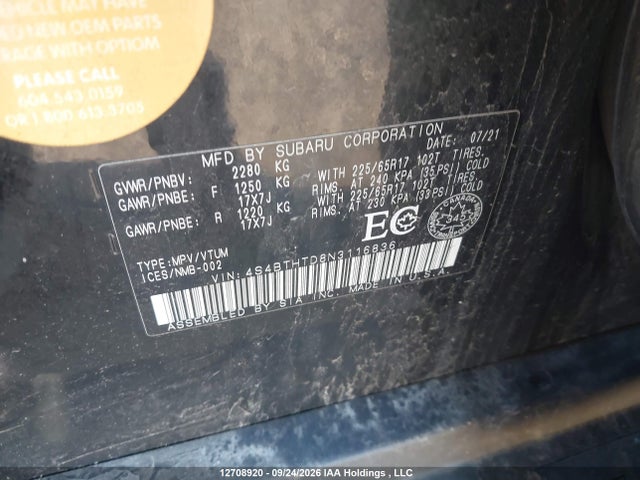 2022 Subaru Outback Wilderness მანქანა იყიდება აუქციონზე, vin: 4S4BTHTD8N3116836, აუქციონის ნომერი: 12708920