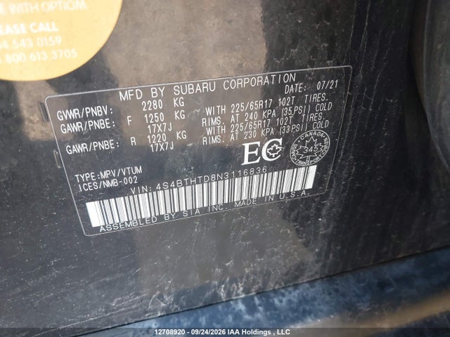 2022 Subaru Outback Wilderness მანქანა იყიდება აუქციონზე, vin: 4S4BTHTD8N3116836, აუქციონის ნომერი: 12708920