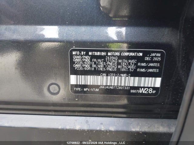 Aukcja sprzedaży 2026 Mitsubishi Outlander Es, vin: JA4J4UAB7TZ607331, numer aukcji: 12708922