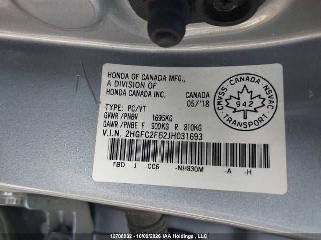 Honda Civic 2018 2HGFC2F62JH031693 Image 9