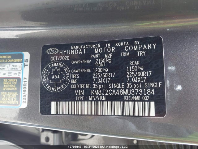 Aukcja sprzedaży 2021 Hyundai Tucson Essential Awd, vin: KM8J2CA48MU373184, numer aukcji: 12708943