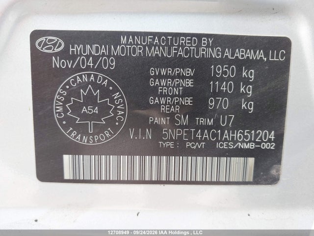12708949 :رقم المزاد ، 5NPET4AC1AH651204 vin ، 2010 Hyundai Sonata Gls مزاد بيع
